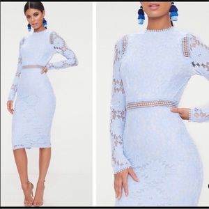 Prettylittlething Dusty Blue Lace Midi Dress
